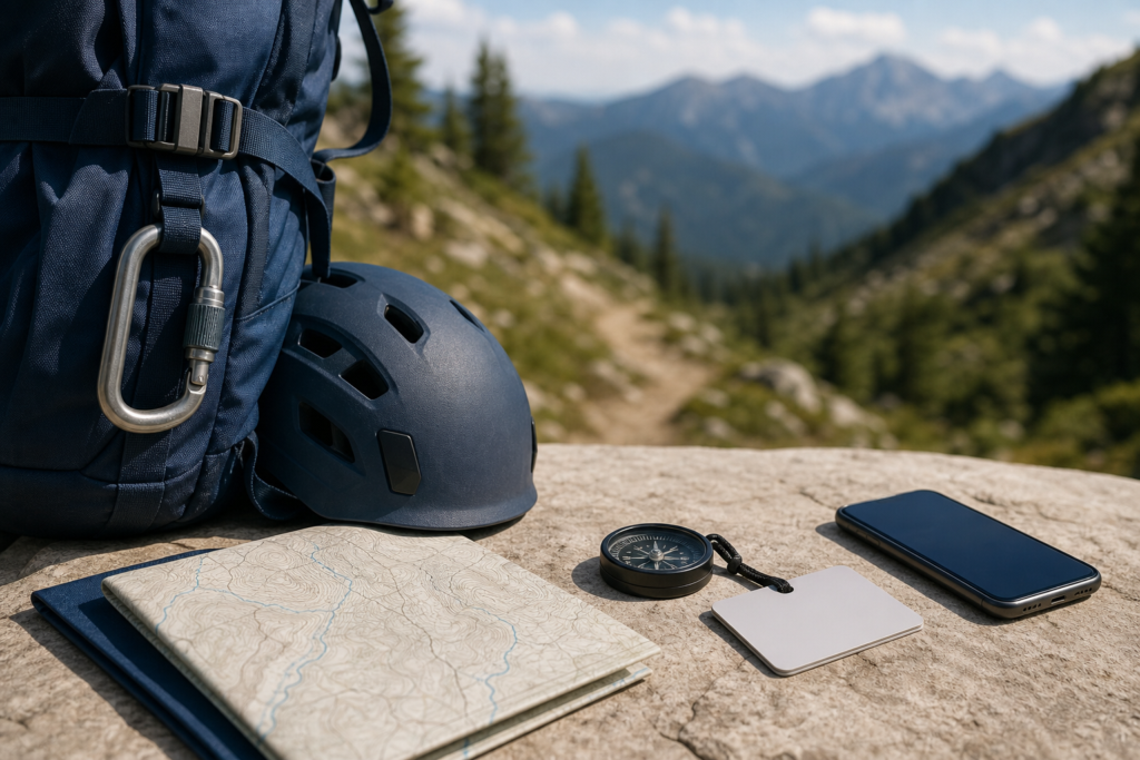 Hiking backpack, helmet, compass, map, phone, and emergency card for adventure preparedness