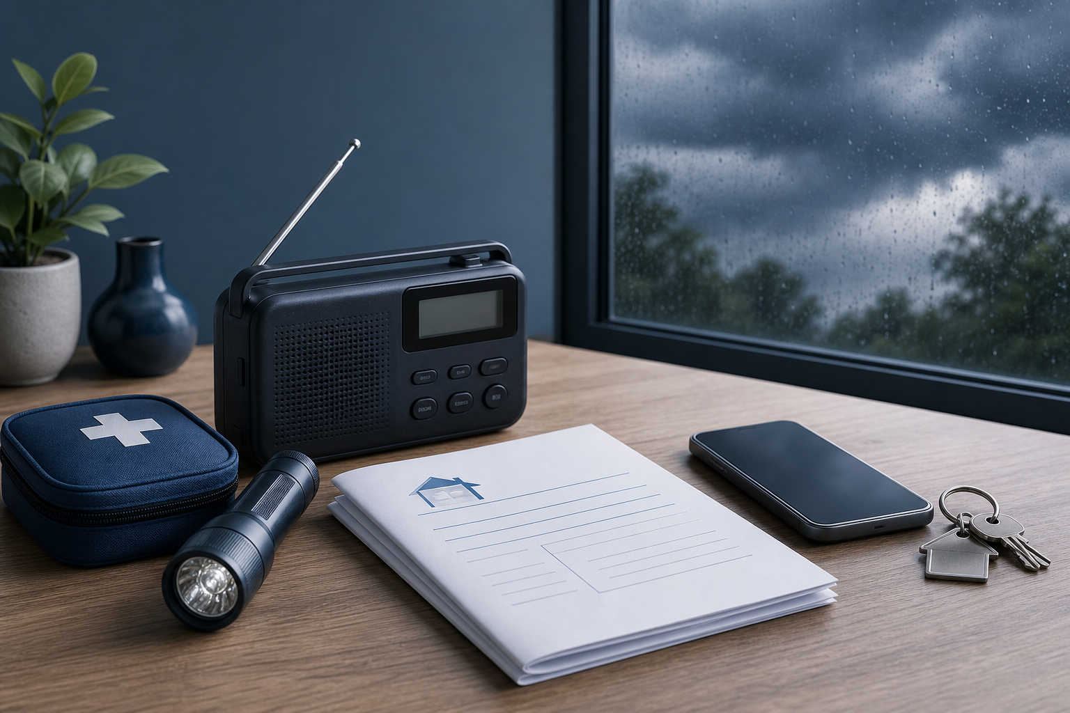 Weather radio, flashlight, emergency kit, documents, phone, and keys arranged for disaster readiness planning