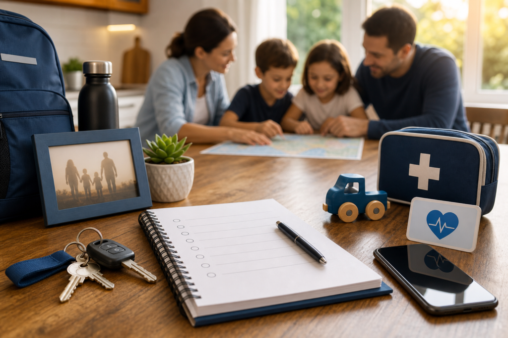 Family emergency planning scene with checklist, keys, phone, first aid kit, and household items