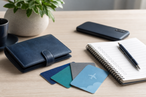Wallet, cards, and checklist representing organized points and rewards accounts