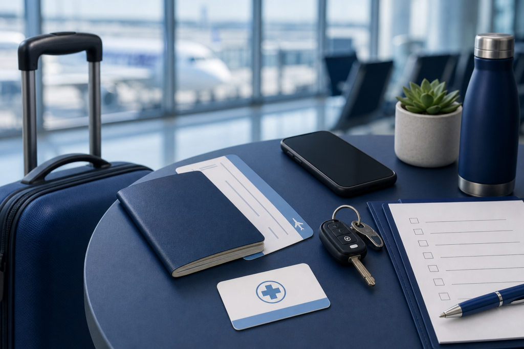 Passport, luggage, phone, keys, medical card, and checklist arranged for travel preparedness