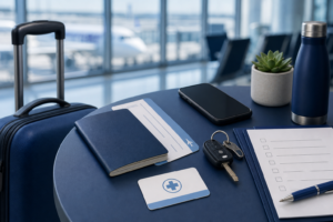 Passport, luggage, phone, keys, medical card, and checklist arranged for travel preparedness